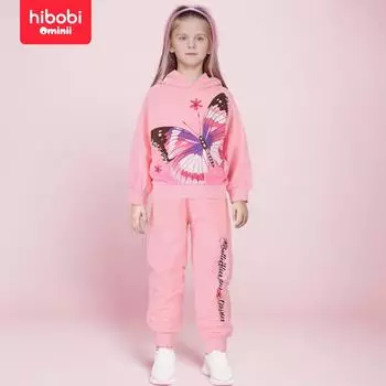 Hibobi, комплект из двух предметов, весенний розовый свитер с капюшоном и бабочкой для девочек, модные спортивные толстовки и брюки для детей 4-8 лет 4-5 Years розовый