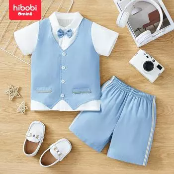 hibobi Комплект из рубашки и шорт в джентльменском стиле для маленьких мальчиков 18-24 Months светло-синий