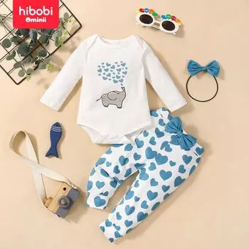 hibobi, комплект из трех предметов для маленьких девочек, комбинезон в форме сердца со слоном и штаны с повязкой на голову 0-3 Months синий