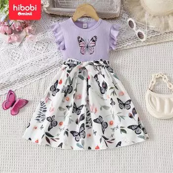Hibobi летнее новое платье для девочек с бабочкой и цветочным принтом, милое удобное платье без рукавов с круглым вырезом, фиолетовое элегантное платье в полоску с поясом 2-3 Years фиолетовый