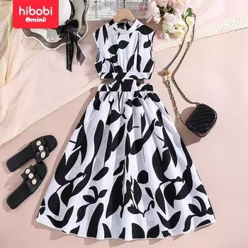 hibobi Летнее платье без рукавов с принтом, обнажающее талию 8-9 Y чёрный