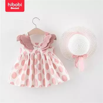 Hibobi летние новые товары для девочек, U-образный вырез, без рукавов, до колена, большая шляпа с крыльями в горошек, пляжная юбка, платье принцессы 6-9 Months розовый
