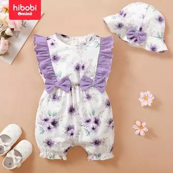 hibobi Летний маленький фиолетовый комбинезон без рукавов со свежим цветочным принтом + шапка, комплект из двух предметов 0-3 M фиолетовый