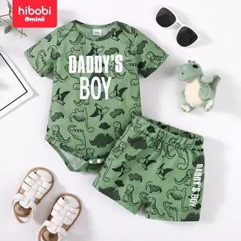 Hibobi Летний Новый повседневный повседневный костюм с буквенным принтом динозавра, круглым вырезом и короткими рукавами 0-3 Months зелёный