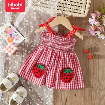 Hibobi Летний новый стиль для девочек, милое платье в клетку в клубничную клетку на подтяжках 6-9 M красный