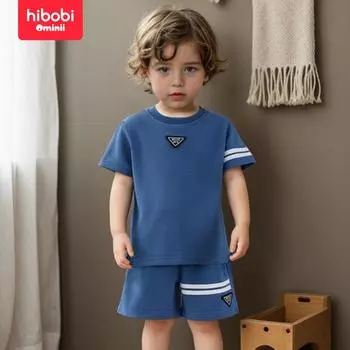 Hibobi Летний новый вафельный пуловер с круглым вырезом и короткими рукавами, повседневный спортивный комплект из двух предметов 18-24 M синий