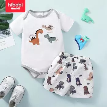 Hibobi Летняя модная белая футболка с принтом динозавра и шорты, комплект из двух предметов 0-3 M белый