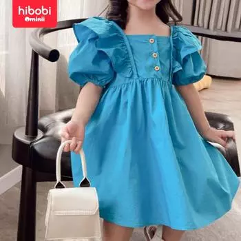 Hibobi/летняя одежда для девочек, повседневное однотонное платье принцессы с короткими рукавами и квадратным вырезом, платье принцессы с пышными рукавами, иностранное платье 18-24 Months синий