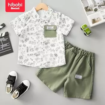 hibobi Модный комплект из рубашки и шорт с короткими рукавами и забавной графикой в стиле граффити для мальчиков 4-5 Years зелёный