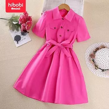 hibobi New Розово-красное платье-рубашка с короткими рукавами и бантом 7-8 Y горячий розовый