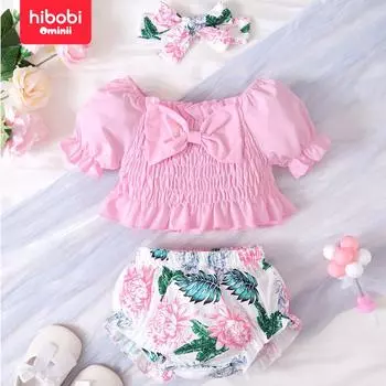 Hibobi, новая детская одежда, милый и милый халат с розовым цветочным узором и вырезом «лодочка», комплект из трех предметов с короткими рукавами 6-9 M розовый