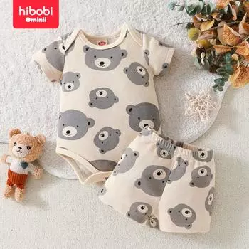 Hibobi, новая летняя повседневная повседневная рубашка с треугольными рукавами и короткими рукавами для маленьких мальчиков, повседневная рубашка с медвежьим принтом, комплект из двух предметов 0-3 Months абрикосовый