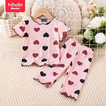 Hibobi новая шелковая спиральная ткань, пижамы «Сокровище», летняя тонкая любовь, летняя одежда в иностранном стиле для девочек, домашняя одежда из двух предметов, одежда с кондиционером 9-12 M розовый
