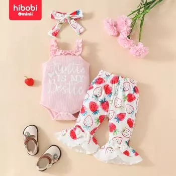 Hibobi/Новинка лета для малышей, расклешенные с бантом треугольные брюки Hayi с открытыми плечами и буквенным принтом в виде клубники 0-3 Months розовый