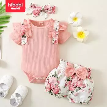 Hibobi, новинка лета, подходит для детей 3-24 м, однотонный однотонный комплект с бантом и круглым вырезом, милый комплект Hayi с короткими рукавами 3-6 Months розовый