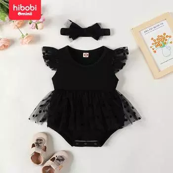 Hibobi, новинка лета, подходит для девочек 0-18 м, черный цвет в горошек, элегантный милый сетчатый цельный костюм с треугольными чашками 0-3 Months чёрный