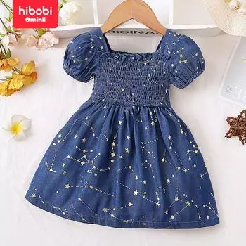 Hibobi, новинка лета, повседневное милое маленькое платье с принтом звездочек, пышными рукавами и квадратным вырезом, юбка-зонтик, тонкое платье длиной до колена 3-6 Months синий