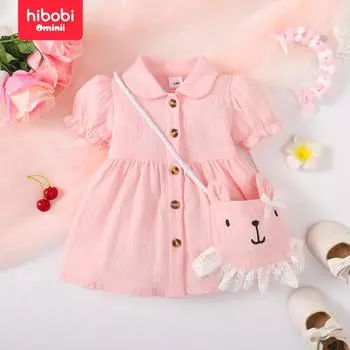 Hibobi, новинка лета, розовая кружевная отделка с кроликом, повседневная юбка-зонтик с короткими рукавами и лацканами, сумка через плечо, платье с короткими рукавами 3-6 Months розовый