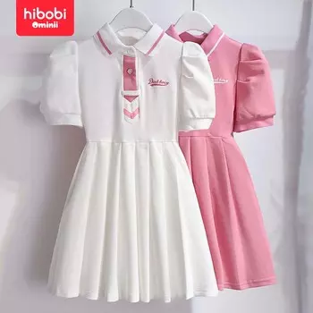 hibobi Новое детское платье с короткими рукавами Модная юбка для девочек Маленький ароматный стиль Милая плиссированная юбка Юбка принцессы Детская одежда 2-3 Y розовый