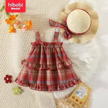 Hibobi Новое летнее платье для девочек со шляпой для маленьких девочек, красная многоуровневая юбка на подтяжках с принтом в клетку 9-12 M красный