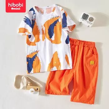 Hibobi, новый детский комплект для мальчиков, летнее платье с короткими рукавами для средних и больших детей, спортивный комплект из двух предметов 4-5 Years оранжевый