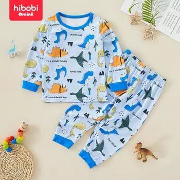 hibobi Новый комплект из двух предметов из полиэстера с принтом динозавра и длинными рукавами для дома 3-4 Y синий