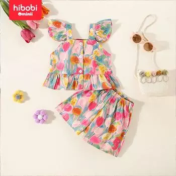 Hibobi Новый летний повседневный комплект из двух предметов на подтяжках с квадратным вырезом и рукавами-тюльпаном 9-12 Months красный