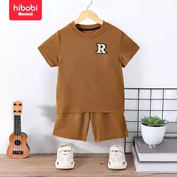 Hibobi новый однотонный комплект с вафельными буквами и короткими рукавами + шорты, комплект из двух предметов