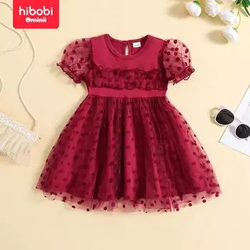 hibobi однотонное сетчатое лоскутное платье в горошек для маленьких девочек с короткими рукавами-фонариками 18-24 Months кларет