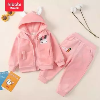 Hibobi, осенне-зимняя новая детская одежда, повседневная детская одежда для малышей, милые брюки с воротником с капюшоном и длинными рукавами, одежда для девочек, комплект из трех предметов 9-12 M розовый