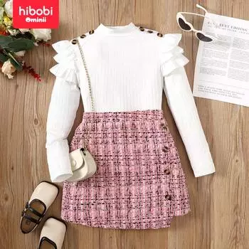 Hibobi Осенний клетчатый пуловер для девочек с длинными рукавами и небольшой ароматной юбкой, комплект из двух предметов 8-9 Y розовый