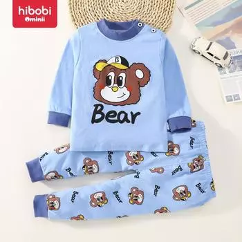 Hibobi, осенний комплект из 2 предметов из чистого хлопка, детские пижамные штаны с мультяшным узором 9-12 M хаки