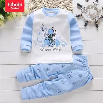 Hibobi, осенний комплект из 2 предметов из чистого хлопка, детские пижамные штаны с мультяшным узором 9-12 M светло-синий