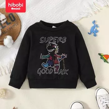 Hibobi Осенний новый черный топ с длинными рукавами и принтом динозавра для мальчиков, повседневный черный топ с круглым вырезом 18-24 M чёрный