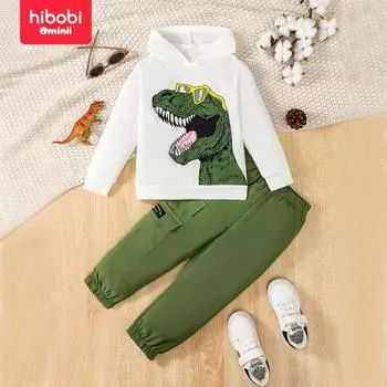Hibobi, осенний новый свитшот с капюшоном и принтом динозавра для мальчиков, осенний модный комплект из двух предметов 3-4 Y белый