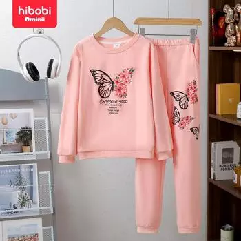 Hibobi, осенний повседневный повседневный свитер для девочек с круглым вырезом, милый розовый свитшот с длинными рукавами и бабочкой, комплект из двух предметов 5-6 Y розовый