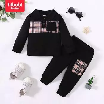 Hibobi Осенний повседневный спортивный однотонный топ с воротником-поло для мальчиков и длинными рукавами + однотонные брюки, комплект из двух предметов