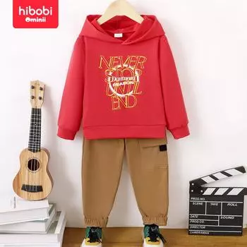 Hibobi, осенний повседневный свитер для мальчиков с буквенным принтом, меховым воротником и длинными рукавами, комплект из двух предметов