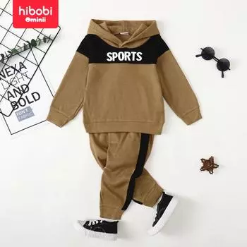 hibobi Осенний вафельный комплект с цветными блоками на каждый день повседневный комплект с капюшоном и длинными рукавами Duo Set 18-24 M хаки