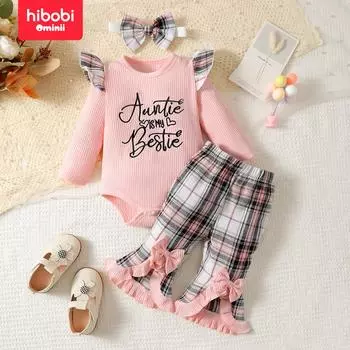 Hibobi, осенняя одежда, новая женская и детская клетчатая одежда, повседневные удобные брюки с круглым вырезом и длинными рукавами Hayi, комплект из двух предметов 3-6 Months розовый