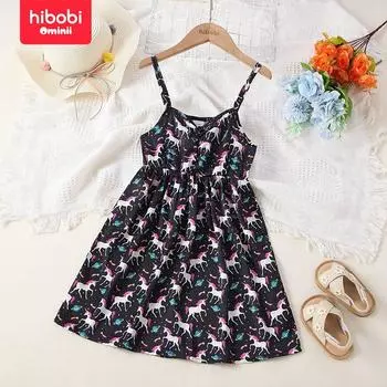 hibobi Платье без рукавов с V-образным вырезом и принтом единорога для маленьких девочек 18-24 M чёрный