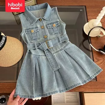 Hibobi Платье для девочек без рукавов, новинка 2024 года, стильная детская летняя джинсовая юбка, мягкий джинсовый жилет для маленьких девочек, трендовая юбка