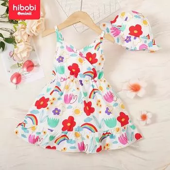hibobi Платье из 2 предметов для маленьких девочек с цветочным принтом на бретелях и шляпа в тон 18-24 M белый