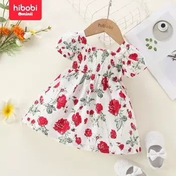hibobi Платье из чистого хлопка с цветочным принтом для маленьких девочек и квадратным вырезом с короткими рукавами 3-6 Months белый