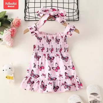 hibobi Платье на бретельках с принтом бабочки для маленьких девочек 0-3 M розовый