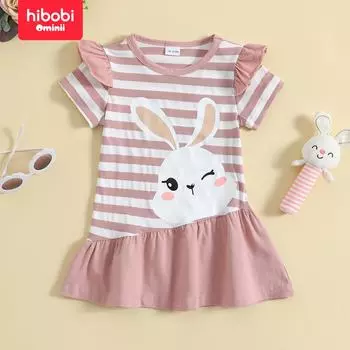 hibobi Платье с короткими рукавами и милым милым кроликом в розовую и белую полоску 18-24 M розовый