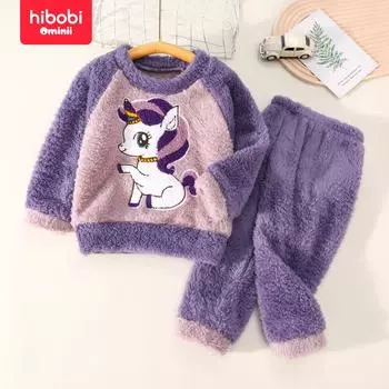 hibobi: плюшевый топ с длинными рукавами и соответствующие штаны для маленьких девочек с мультяшным узором 9-12 Months фиолетовый