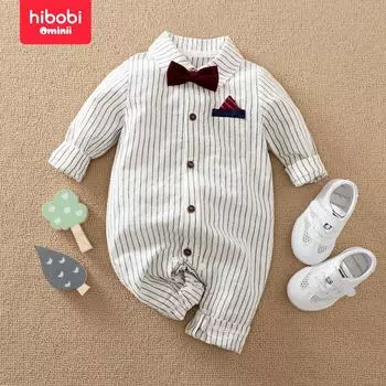 hibobi Полосатый комбинезон с длинными рукавами и бантом для маленьких мальчиков 0-3 M белый