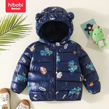 Hibobi Пуховик с капюшоном и рисунком динозавра для маленьких мальчиков 12-18 M темно-синий