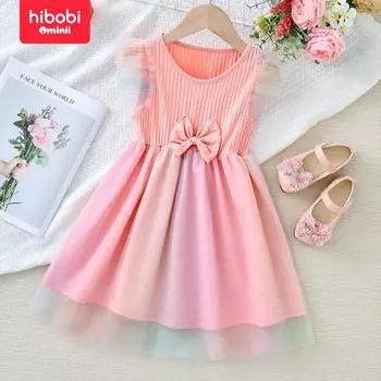 hibobi Розовое сетчатое платье без рукавов с градиентом и бантом для девочек-подростков 18-24 M розовый